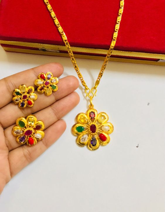 Navaratna%20Pendant%20Round%20Set%20Of%20Ring,%20Eartop%20And%20Pendant%20With%20Gold%20Plated%20Chain%20-%20Image%202