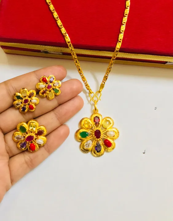 Gold%20Plated%20Navaratna%20Pendant/Locket%20With%20Chain%20,Earring%20And%20Ring%20For%20Women%20-%20Image%202