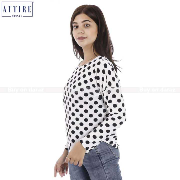 Attire Nepal Polka Dot Full Sleeves White Tops (FT-26)