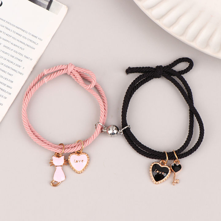 2Pcs Cartoon Magnetic Couple Bracelets With Cat Love Heart Pendant