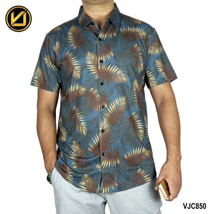 VIRJEANS (VJC850) Silk Stretchable Summer Shirt For Men - ( Leaf Print Silk Half Shirt ) Blue Mix