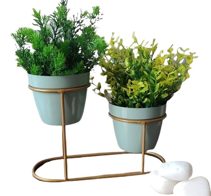 1 pieces two Metal  Flower Pot Sky Color Tabletop 2 Tier Tuscan Style Metal Plant Stand Flower Pot with Golden Stand