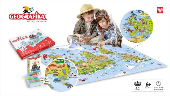 UnikPlay%20Geografika%20World%20Map%20Game%20%7C%20Non-Tearable,%20Waterproof%20Illustrated%20Map%20With%20280+%20Trivia%20Questions,%2048%20Double-Sided%20Cards%20-%20Image%202
