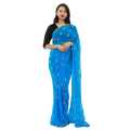 Sky Blue Chiffon Floral Embroidered Golden Border Design Saree For Women. 