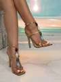 Womens Gold High Heel Sandals, Elegant Beaded Strap Party/Evening Shoes With Pointed Toe And Thin Heels. 