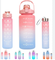 3 in 1 Gradient Color Motivational Bottles Lock Feature & Top Lid with Straw For Office/Home/Sports/Outdoor (2000 Ml, 900 Ml and 300 Ml). 