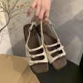 Retro Summer Buckle Sandals Elegant Square Toe Women Flat Sandals French Beach Roman Shoes Girls. 