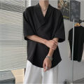 Men's Ins Trend Hair Stylist Idle Style Draping Korean Style Loose Summer Abstinence Series Deep V-neck Draping Short Sleeve Shirt. 