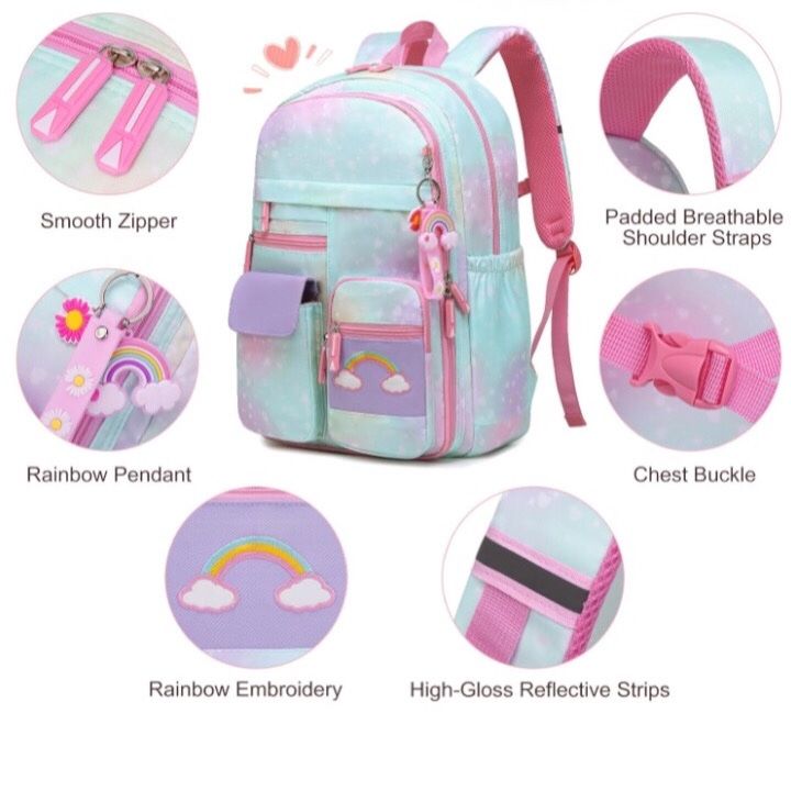 Cute Rainbow School Backpack For Girls Book Bag With Side Open