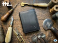 Hz Minimalist Vertical Leather Wallet Compact Bifold with ID Window & Card Slots, Handmade Stitched Short Purse for Men & Women. 