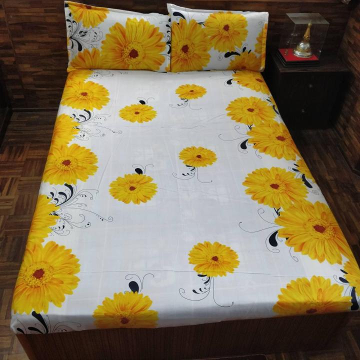 Sunflower Print Bed Sheet With Pillow Case (White)