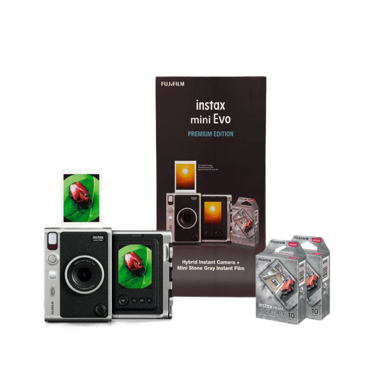 Fujifilm Instax Mini Evo Hybrid Camera Premium Edition with 20 Shots of Stone Gray Film and 100 Different Expressions