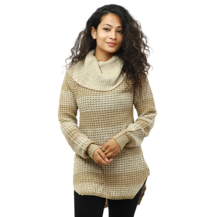 Creamy Woolen High Neck Design Sweater For Women