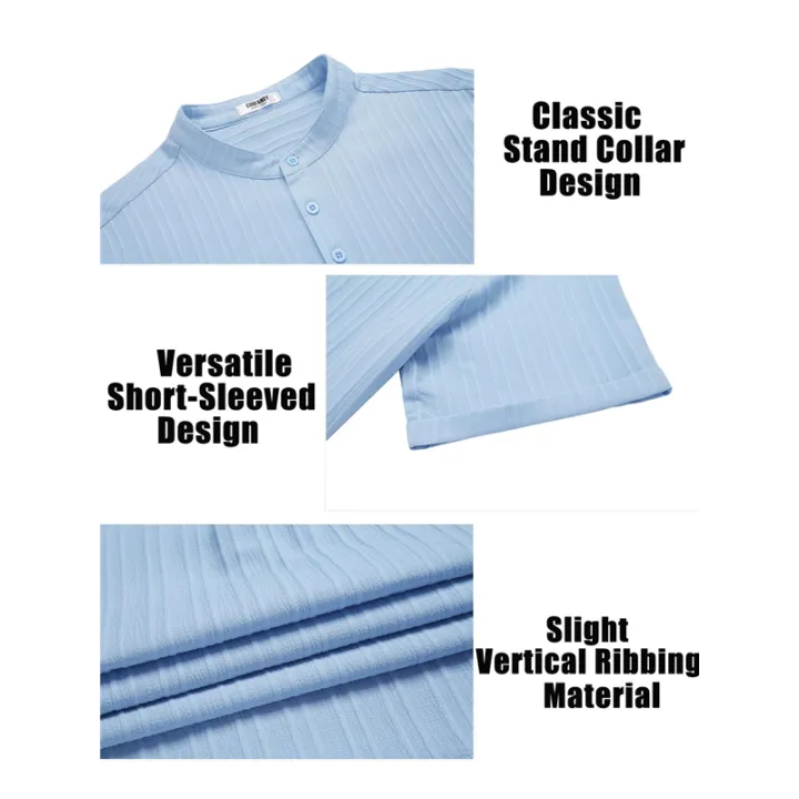 Men%20Casual%20Henley%20Tee%20Shirt%20Short%20Sleeve%20Band%20Collar%20Summer%20Beach%20Textured%20T-Shirt%20-%20Image%203