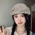 Casual Cotton and Linen Striped Berets Y2k Japanese Octagonal Hat British Cap Short Brim Painter Caps Daily. 