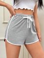 Girls Elastic Waist Contrast Binding Shorts-Light Grey. 