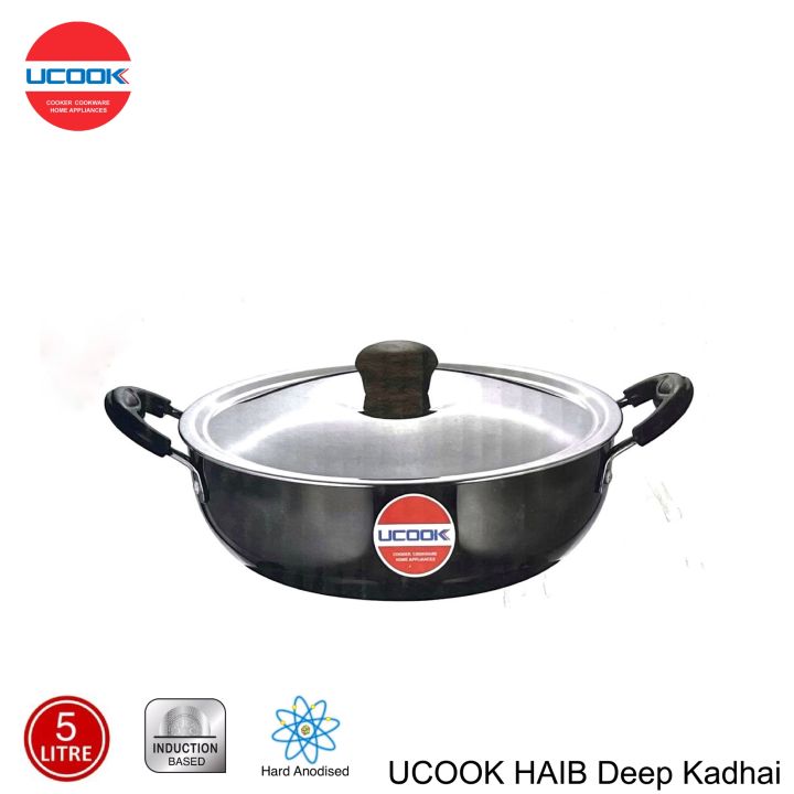 UCOOK Hard Anodised Induction Based Steel Lid Deep Kadhai 5 Litres