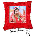 Red Square Shape Fur Cushion For Photo/Text Print. 
