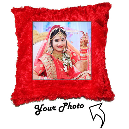 Red Square Shape Fur Cushion For Photo/Text Print