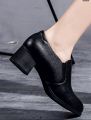 Fashion Elegant Deep Mouth Soft Leather Shoes Women Fall Spring 2026 Black Block Med Heels Pumps For Ladies Office Casual Work. 