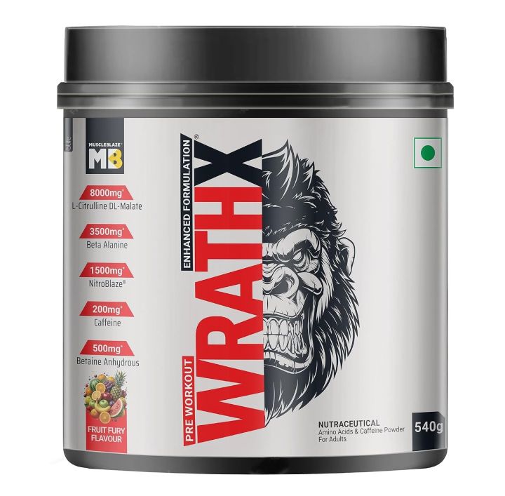 MuscleBlaze Wrath X Pre Workout 540g Berries Flavor with 200mg Caffeine 8g Citrulline 3.5g Beta Alanine for Energy Strength and Muscle Pumps