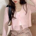 Sunscreen Cardigan Top Women's Summer Thin Summer Knitted Cardigan Long-sleeved Black Outer Short Air-conditioning Shirt. 