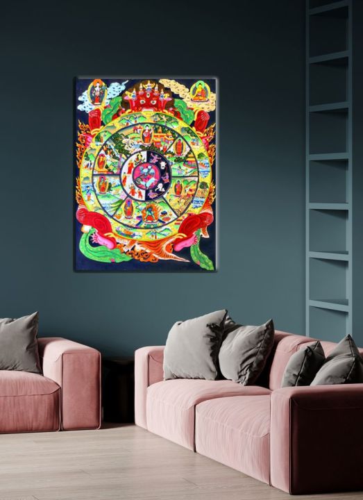 Tibetan Bhavachakra Print | Wheel of life Thangka Prints Wall Canvas With Wooden Framming