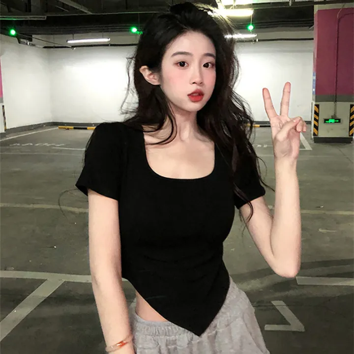 Women%20Short%20Sleeve%20Square%20Neck%20T-Shirt%20Summer%20Irregular%20Hem%20Slim%20Casual%20Bottom%20TopsNIUMAO%20-%20Image%204