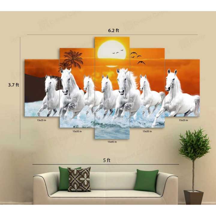 5 Panel Custom Manipulated seven white horse Significant on Vastu Matte Canvas Cotton Print Large Size
