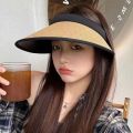 Sweet Visors Straw Hat Sun Protection UV Protection Empty Top Hat Large Eaves Ponytail Hat. 