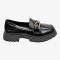 Black Color Buckle Design Shining Loafer Shoes For Women. 