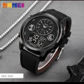 SKMEI 1653 Men's World Time Dual Display Movement LED Electronic Multifunction Leather Strap Watch - Black. 