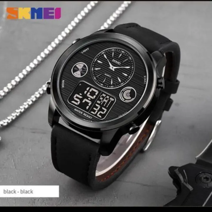 SKMEI%201653%20Men's%20World%20Time%20Dual%20Display%20Movement%20LED%20Electronic%20Multifunction%20Leather%20Strap%20Watch%20-%20Black%20-%20Image%204