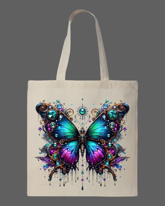 Jeweled Steampunk Butterfly Printed Tote Bag  – Eco-Friendly Cotton Shoulder Shopping Bag-White, Black