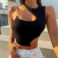 Chain Cut Out Crop Top Women Summer Y2K Clothes Solid Black Asymmetrical Neck Sleeveless Tank Top Streetwear High Street. 