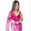 Saree For Women. Organza Party-Wear Bollywood Stylish Lightweight Saree Pink & Blue With Unstitched Blouse. 