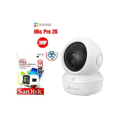 Ezviz H6C Pro 2K 3MP Indoor Pan & Tilt Wired/Wireless CCTV Camera With Smart Night Vision ( SanDisk 128 GB Memory Card Included )