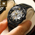 OLEVS Men's Watches Automatic Skeleton Self Winding Watches with Black Leather Band Waterproof Original Mechanical Watch for Man. 