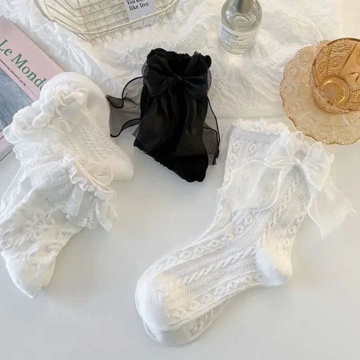 Socks%20For%20Women%20Summer%20Cotton%20Blend%201%20Pair%20Ruffle%20Bowknot%20Cute%20Casual%20Style%20Black%20and%20White%20-%20Image%205