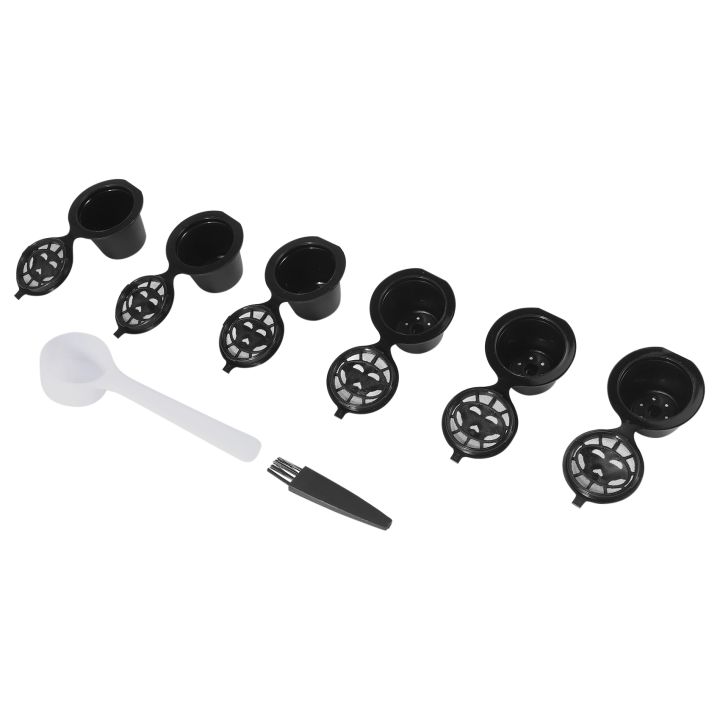 6 Reusable Capsules Refillable Coffee Capsule Filter Compatible with coffee machines with Coffee Spoon brush (6, Black)