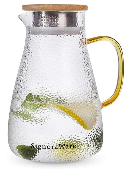 SignoraWare 1.5 Litres Majesty Borosilicate Glass Jug with Bamboo lid | Big Water Pitcher with Strong Handle for Water Juice Ice-Tea Milk (1500ml, Set of 1, Transparent | BPA Free) code-1466