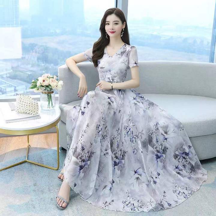 Summer 2022 New Women's V-neck Short-sleeved Printed Mid-length Dress Elegant Slimming Tall Lady Floral Dress