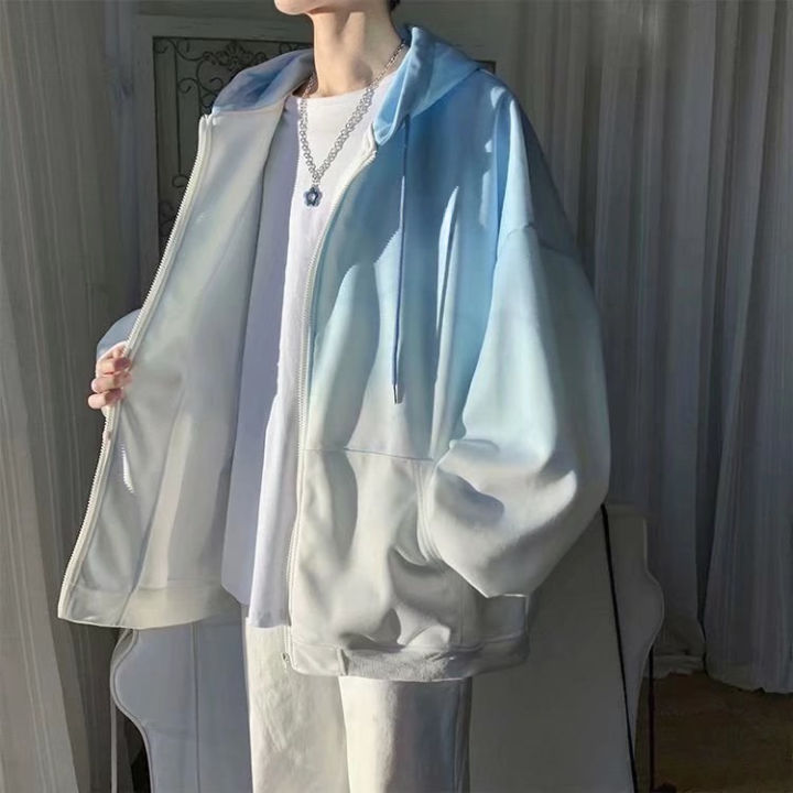 Tie-dyed hooded jacket men's spring and autumn gradient cardigan jacket boys ins trendy Hong Kong style couple loose clothes