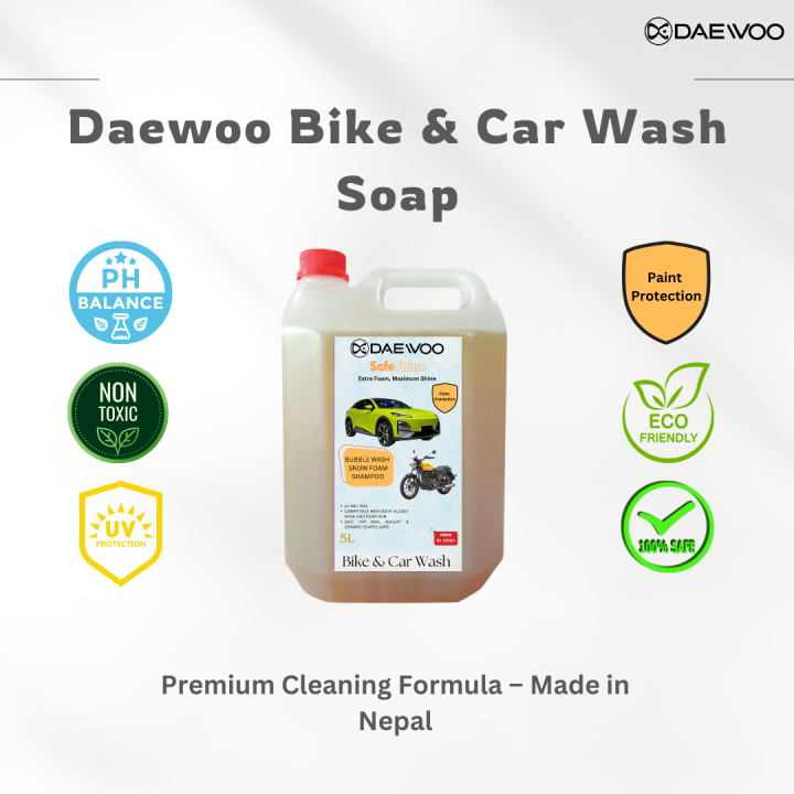 Bike and Car Wash Liquid Shampoo 5Ltr | Daewoo Safe Shine | Bike Shampoo | Car Shampoo | Bike and Car Shampoo | Bike Cleaner | Car Cleaner | Motorcycle Shampoo | Auto Wash Soap | Vehicle Wash | Detailing Shampoo | Super Foamy | pH Neutral | Non-Corrosive