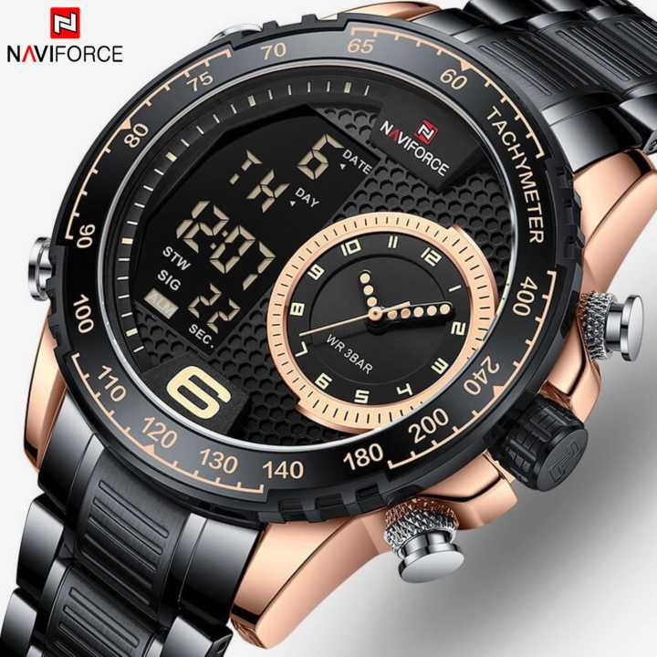 NAVIFORCE NF9199 Double Display LCD Chronograph Stainless Steel Wristwatch For Men - Black/RoseGold