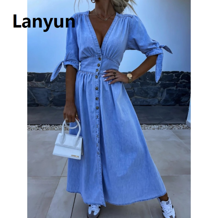 Lanyun%20Spring%20Summer%20New%20Women's%20Clothing%20Solid%20Color%20Fashion%20Bargain%20price%20V-neck%20Long%20Single-Breasted%20Denim%20Dress%20-%20Image%205