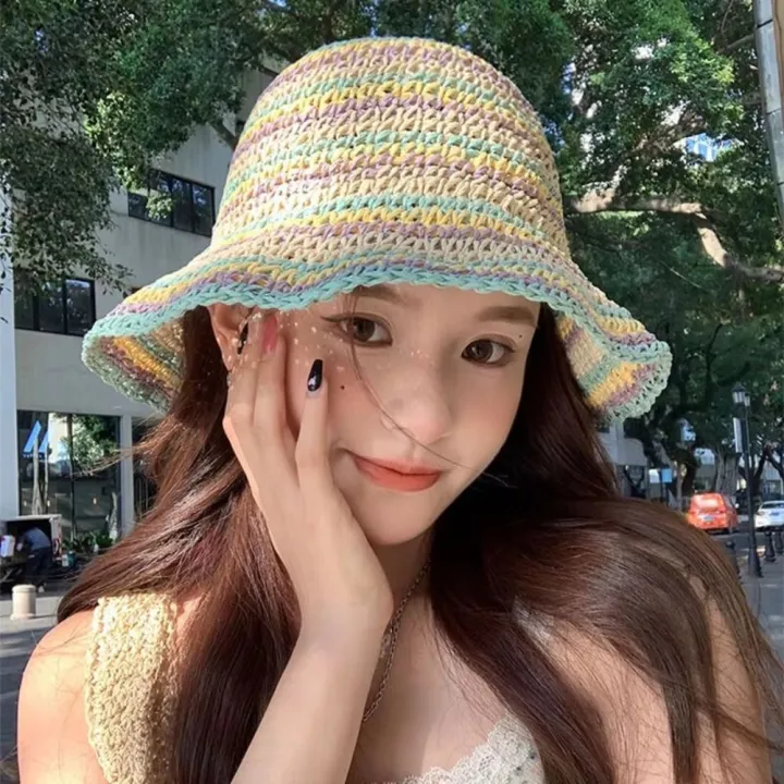 Fashion%20Summer%20Beach%20Straw%20Cap%20Women's%20Striped%20Rainbow%20Sun%20hat%20Handmade%20Wide%20Brimmed%20Bucket%20Hat%20Girls%20-%20Image%207