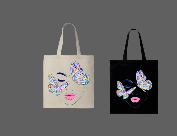 Minimalist Pastel Butterfly Face Line Art Printed  Tote Bag – Eco-Friendly Cotton Shoulder Shopping Bag-White, Black