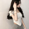 Women Short Sleeve Square Neck T-Shirt Summer Irregular Hem Slim Casual Bottom TopsNIUMAO. 