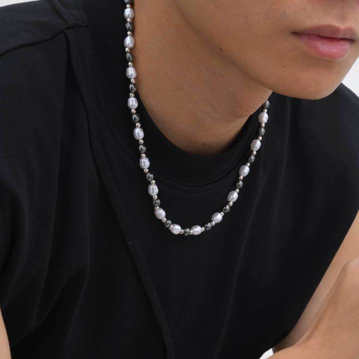 Pearl Bead Necklace for Men Boys,Natural Hematite Beaded Collars,Hip Hop Simple Jewelry Gifts